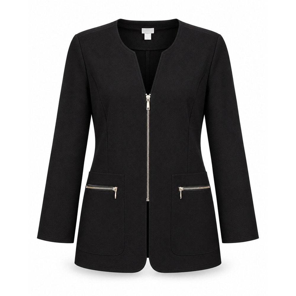 Chicos Travelers Jacket Size 3 XL Black Full Zip Gold Hardware Workwear Blazer